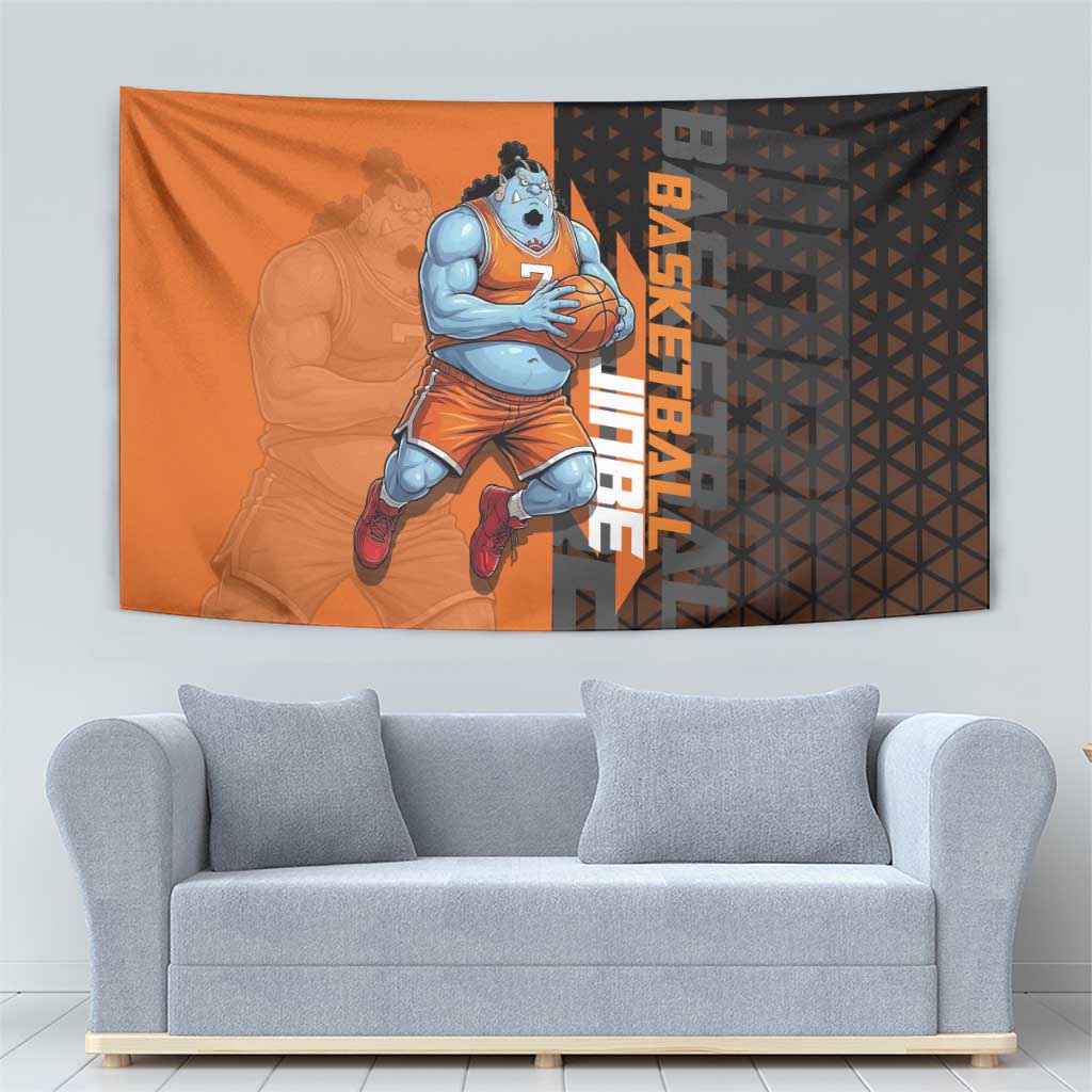 Jinbe One Piece Basketball Theme Orange and Black Design Tapestry with Powerful Pose and Sun Pirates Emblem - The Mazicc