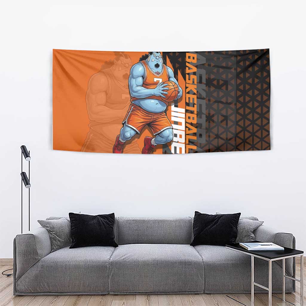 Jinbe One Piece Basketball Theme Orange and Black Design Tapestry with Powerful Pose and Sun Pirates Emblem - The Mazicc