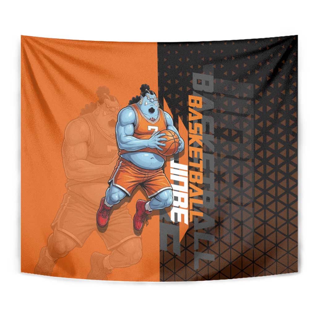 Jinbe One Piece Basketball Theme Orange and Black Design Tapestry with Powerful Pose and Sun Pirates Emblem - The Mazicc