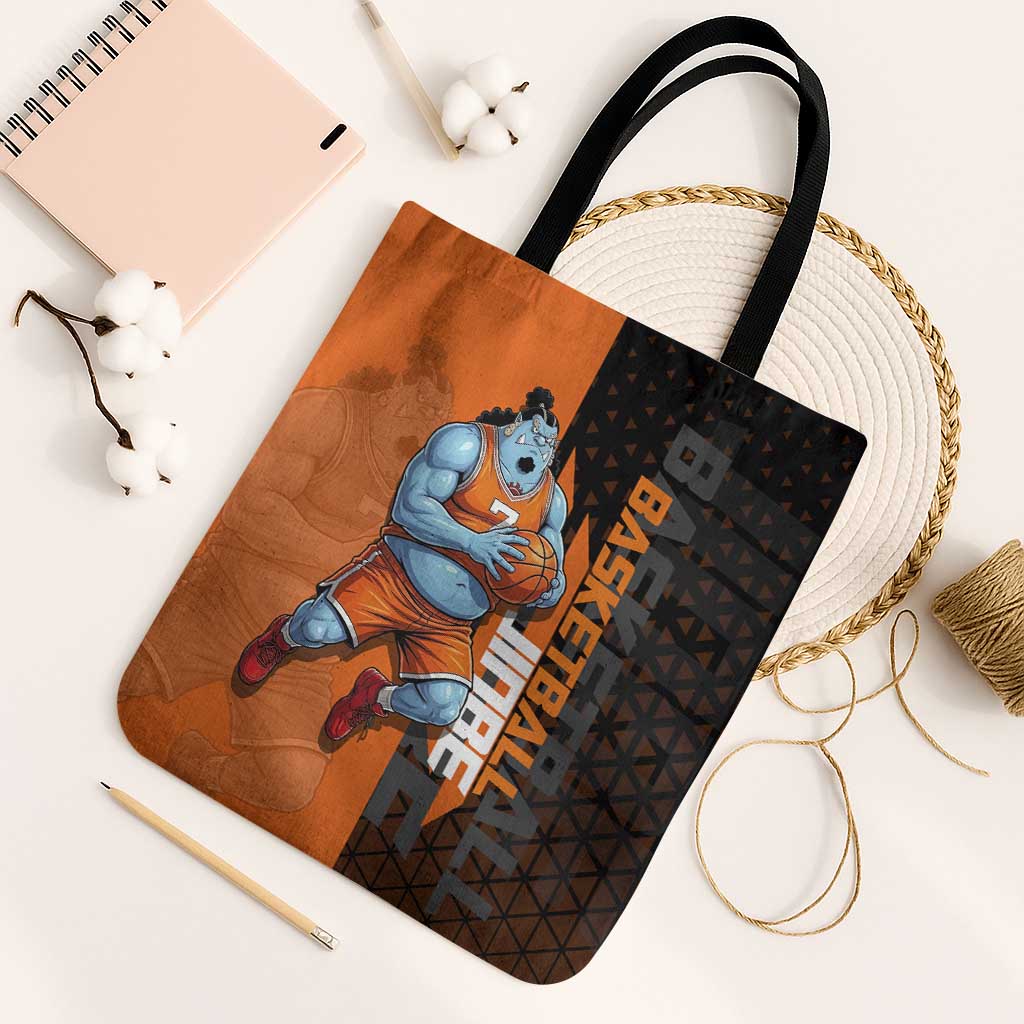 Jinbe One Piece Basketball Theme Orange and Black Design Tote Bag with Powerful Pose and Sun Pirates Emblem - The Mazicc