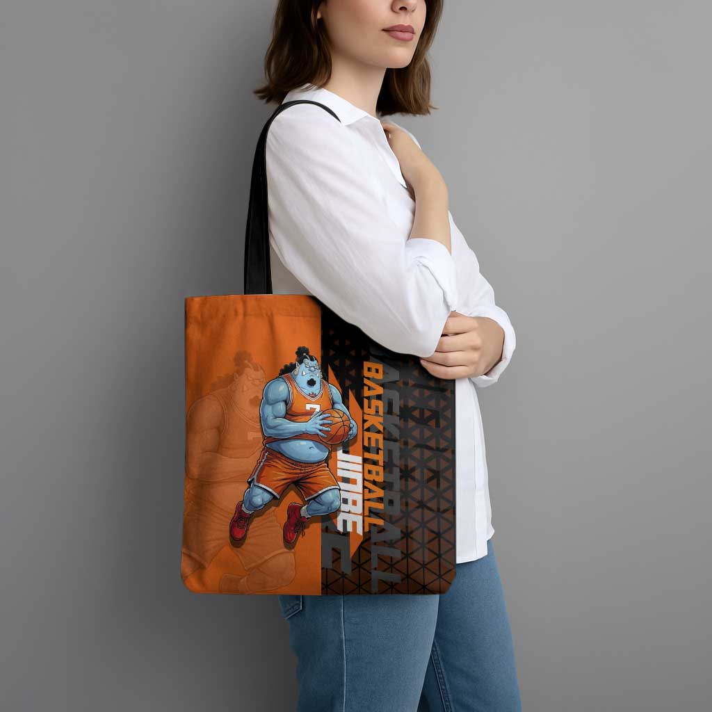 Jinbe One Piece Basketball Theme Orange and Black Design Tote Bag with Powerful Pose and Sun Pirates Emblem - The Mazicc