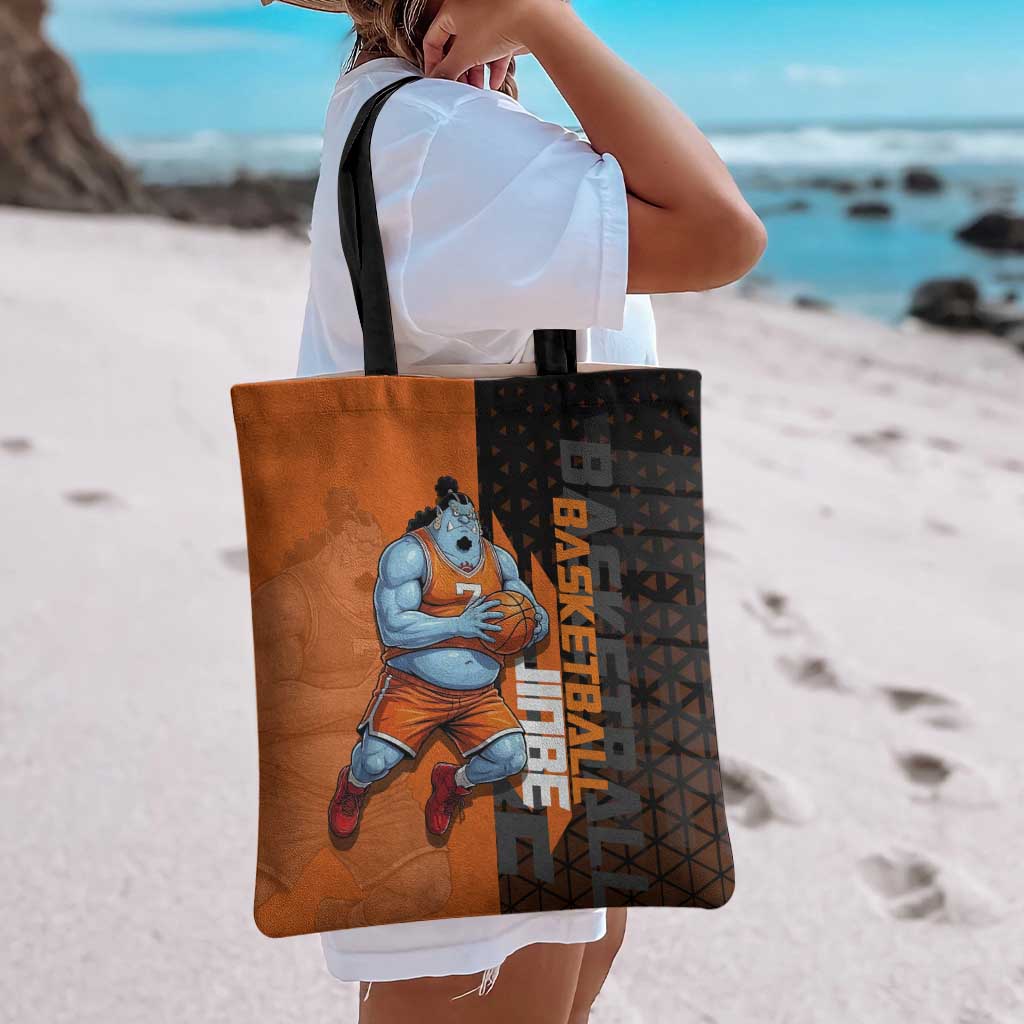 Jinbe One Piece Basketball Theme Orange and Black Design Tote Bag with Powerful Pose and Sun Pirates Emblem - The Mazicc