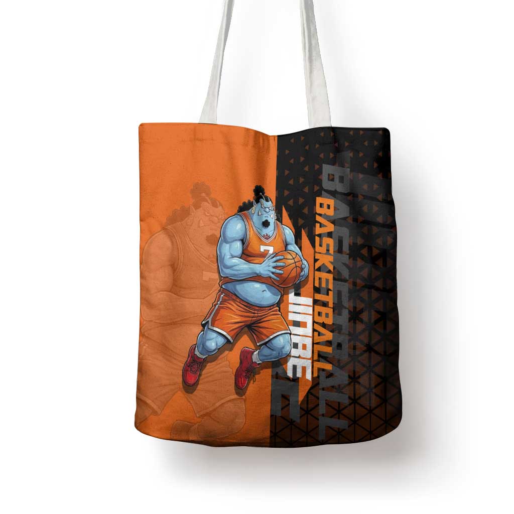 Jinbe One Piece Basketball Theme Orange and Black Design Tote Bag with Powerful Pose and Sun Pirates Emblem - The Mazicc