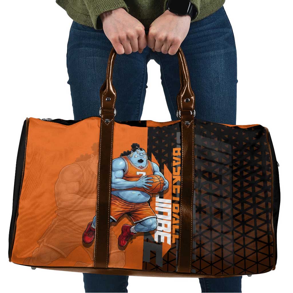 Jinbe One Piece Basketball Theme Orange and Black Design Travel Bag with Powerful Pose and Sun Pirates Emblem - The Mazicc