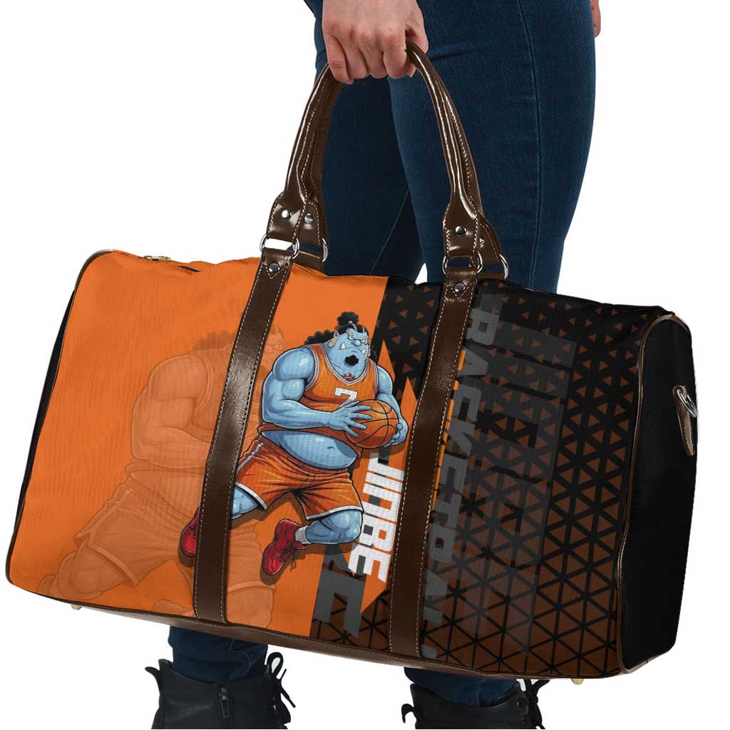 Jinbe One Piece Basketball Theme Orange and Black Design Travel Bag with Powerful Pose and Sun Pirates Emblem - The Mazicc