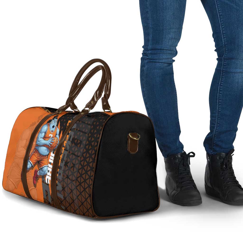 Jinbe One Piece Basketball Theme Orange and Black Design Travel Bag with Powerful Pose and Sun Pirates Emblem - The Mazicc