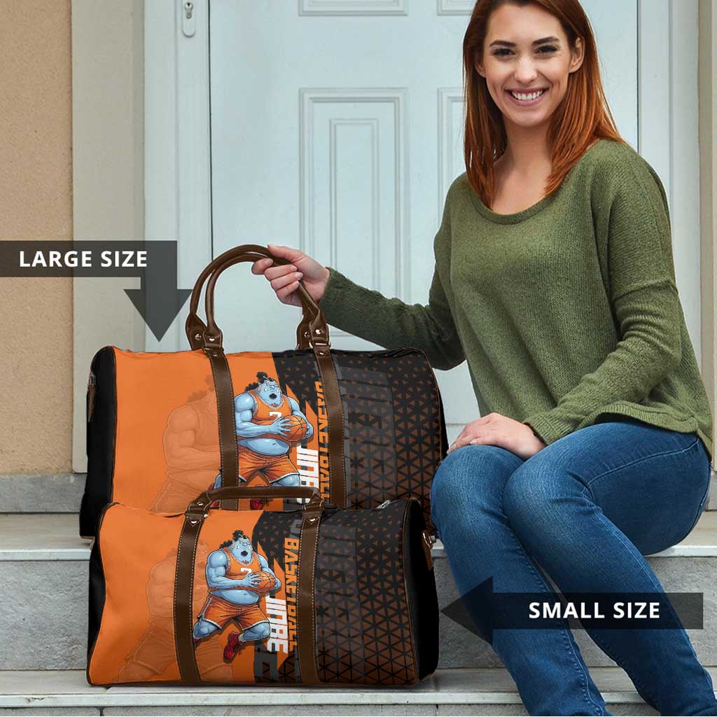Jinbe One Piece Basketball Theme Orange and Black Design Travel Bag with Powerful Pose and Sun Pirates Emblem - The Mazicc