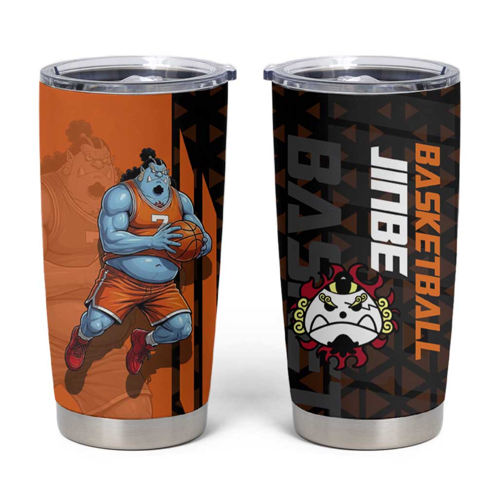 Jinbe One Piece Basketball Theme Orange and Black Design Tumbler Cup with Powerful Pose and Sun Pirates Emblem - The Mazicc