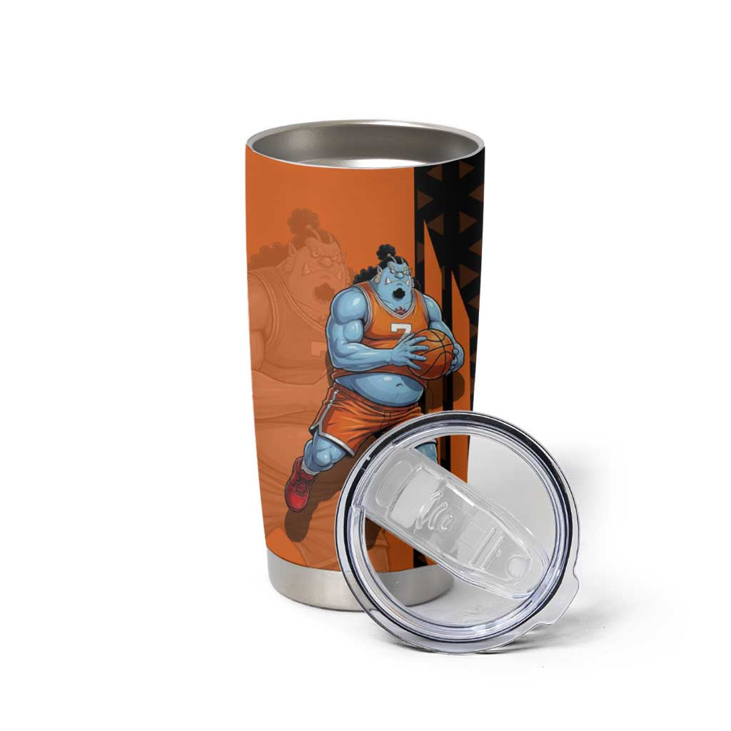 Jinbe One Piece Basketball Theme Orange and Black Design Tumbler Cup with Powerful Pose and Sun Pirates Emblem - The Mazicc