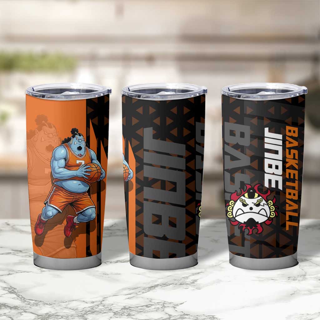 Jinbe One Piece Basketball Theme Orange and Black Design Tumbler Cup with Powerful Pose and Sun Pirates Emblem - The Mazicc