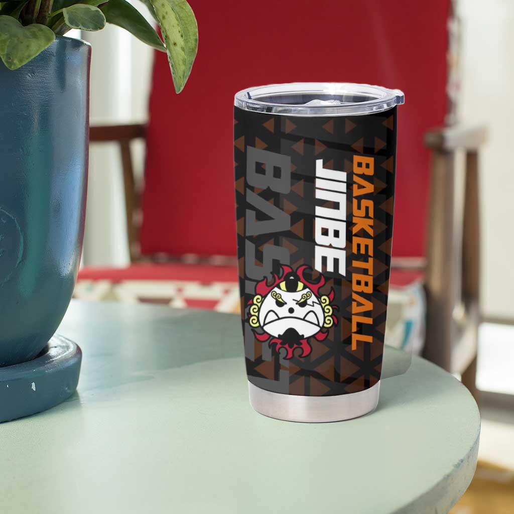 Jinbe One Piece Basketball Theme Orange and Black Design Tumbler Cup with Powerful Pose and Sun Pirates Emblem - The Mazicc