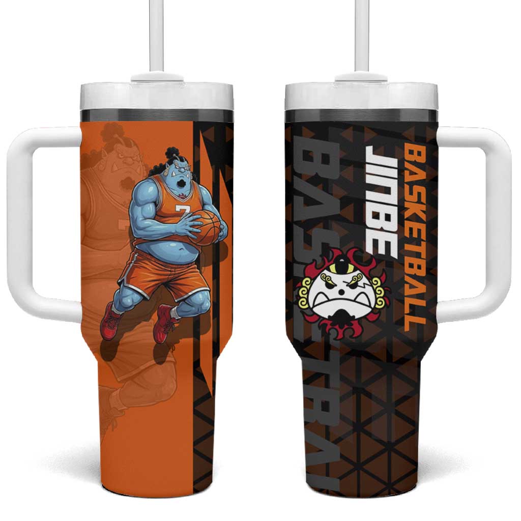 Jinbe One Piece Basketball Theme Orange and Black Design Tumbler With Handle with Powerful Pose and Sun Pirates Emblem - The Mazicc