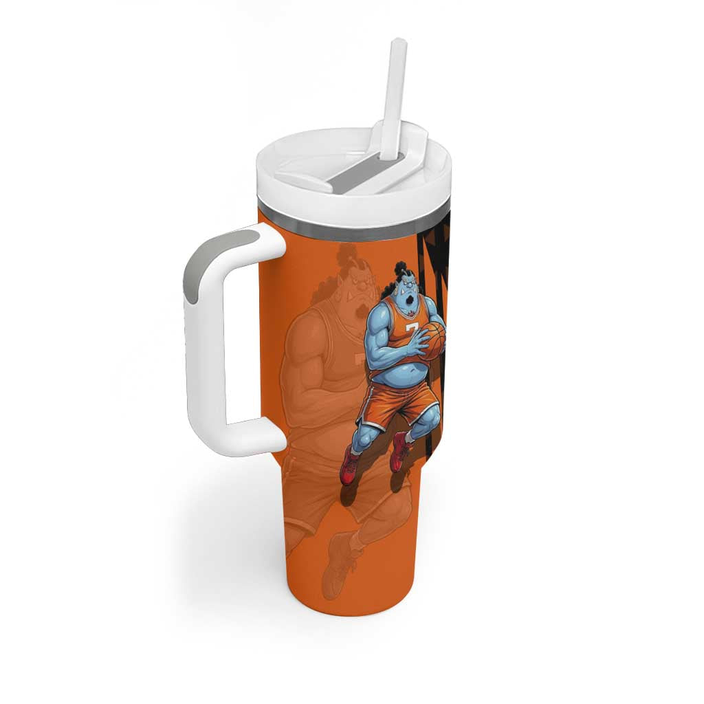 Jinbe One Piece Basketball Theme Orange and Black Design Tumbler With Handle with Powerful Pose and Sun Pirates Emblem - The Mazicc