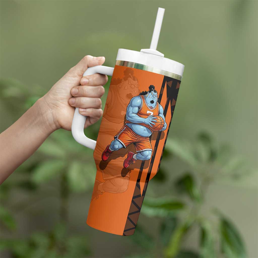 Jinbe One Piece Basketball Theme Orange and Black Design Tumbler With Handle with Powerful Pose and Sun Pirates Emblem - The Mazicc