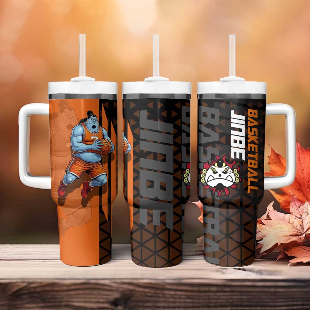 Jinbe One Piece Basketball Theme Orange and Black Design Tumbler With Handle with Powerful Pose and Sun Pirates Emblem - The Mazicc