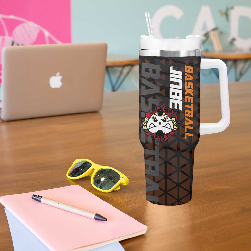 Jinbe One Piece Basketball Theme Orange and Black Design Tumbler With Handle with Powerful Pose and Sun Pirates Emblem - The Mazicc