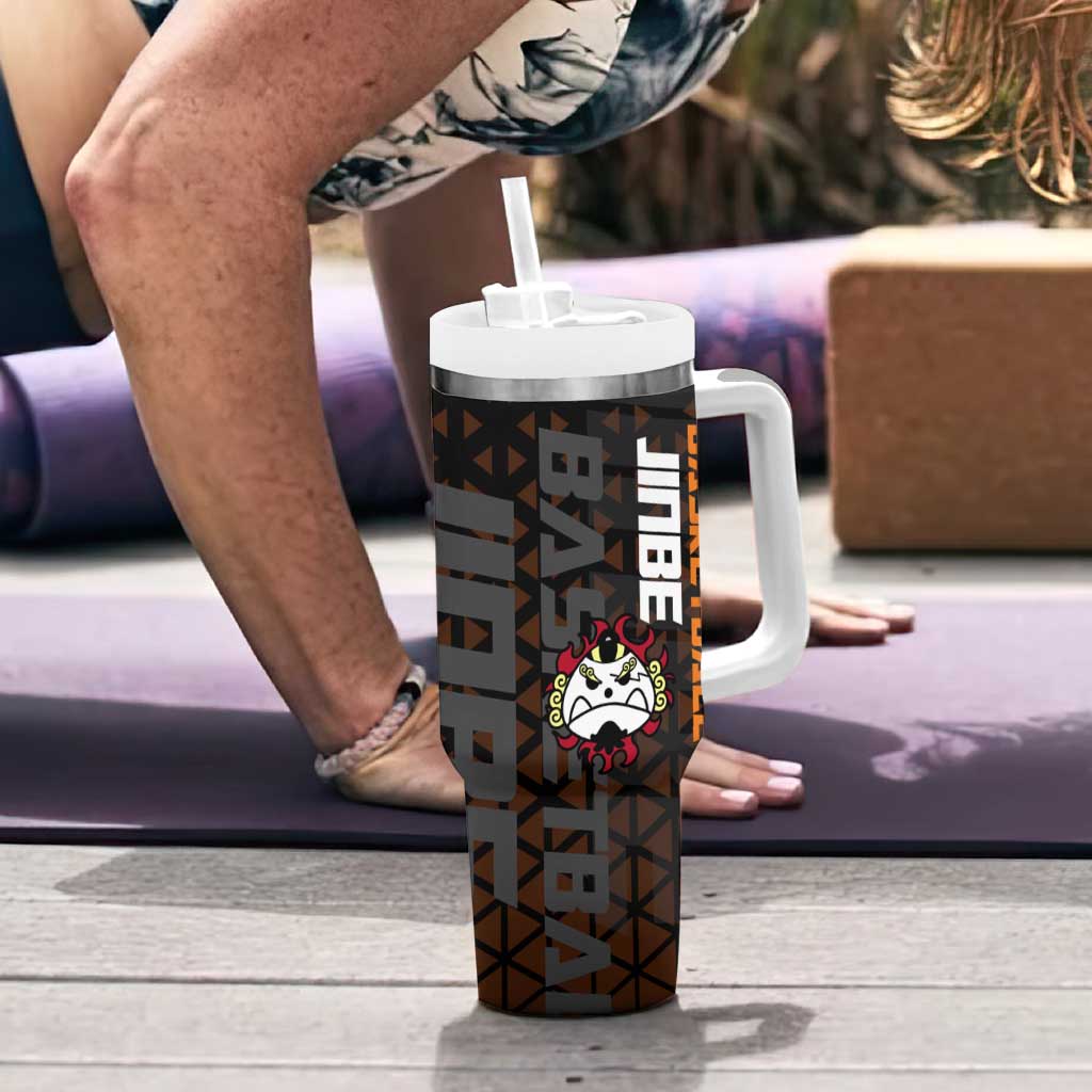 Jinbe One Piece Basketball Theme Orange and Black Design Tumbler With Handle with Powerful Pose and Sun Pirates Emblem - The Mazicc