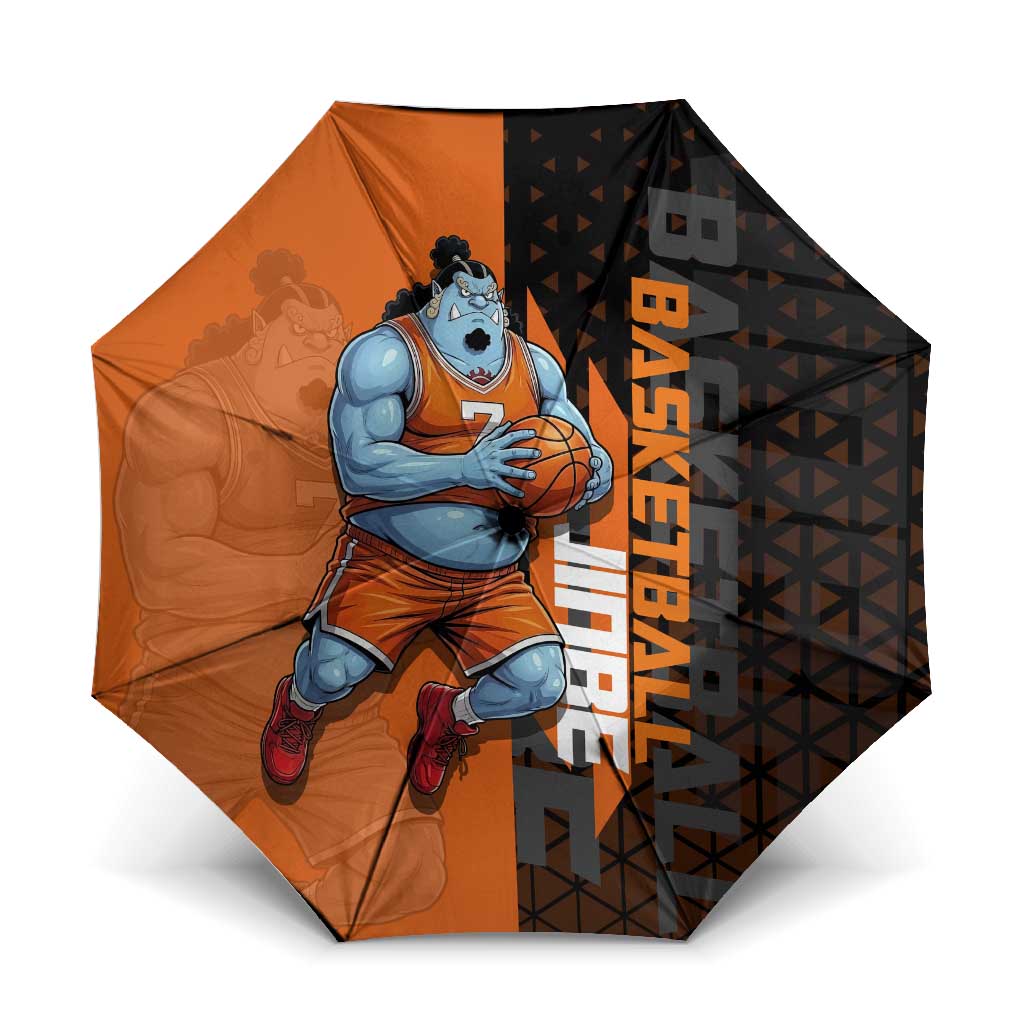 Jinbe One Piece Basketball Theme Orange and Black Design Umbrella with Powerful Pose and Sun Pirates Emblem - The Mazicc