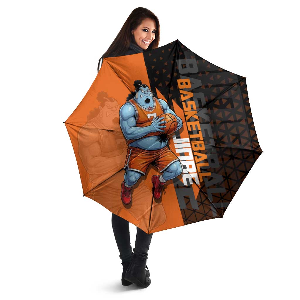 Jinbe One Piece Basketball Theme Orange and Black Design Umbrella with Powerful Pose and Sun Pirates Emblem - The Mazicc