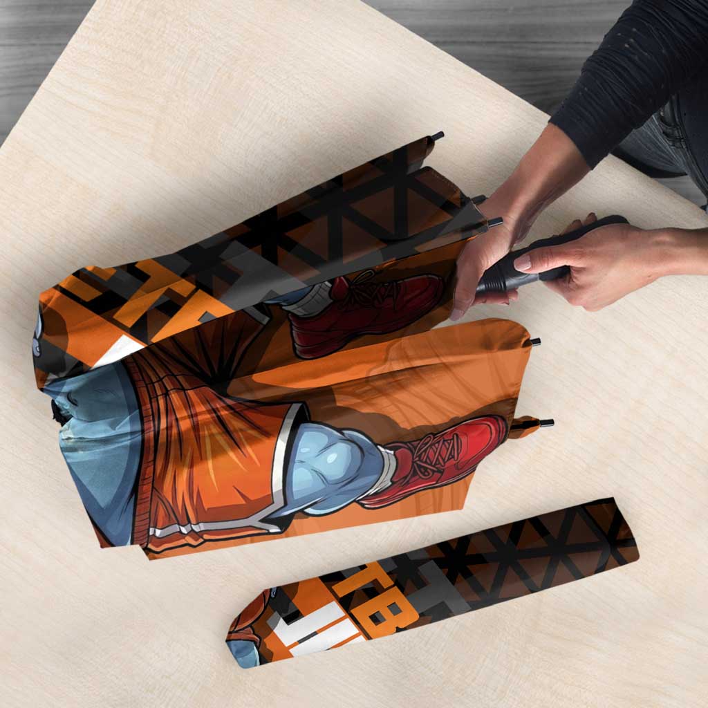 Jinbe One Piece Basketball Theme Orange and Black Design Umbrella with Powerful Pose and Sun Pirates Emblem - The Mazicc