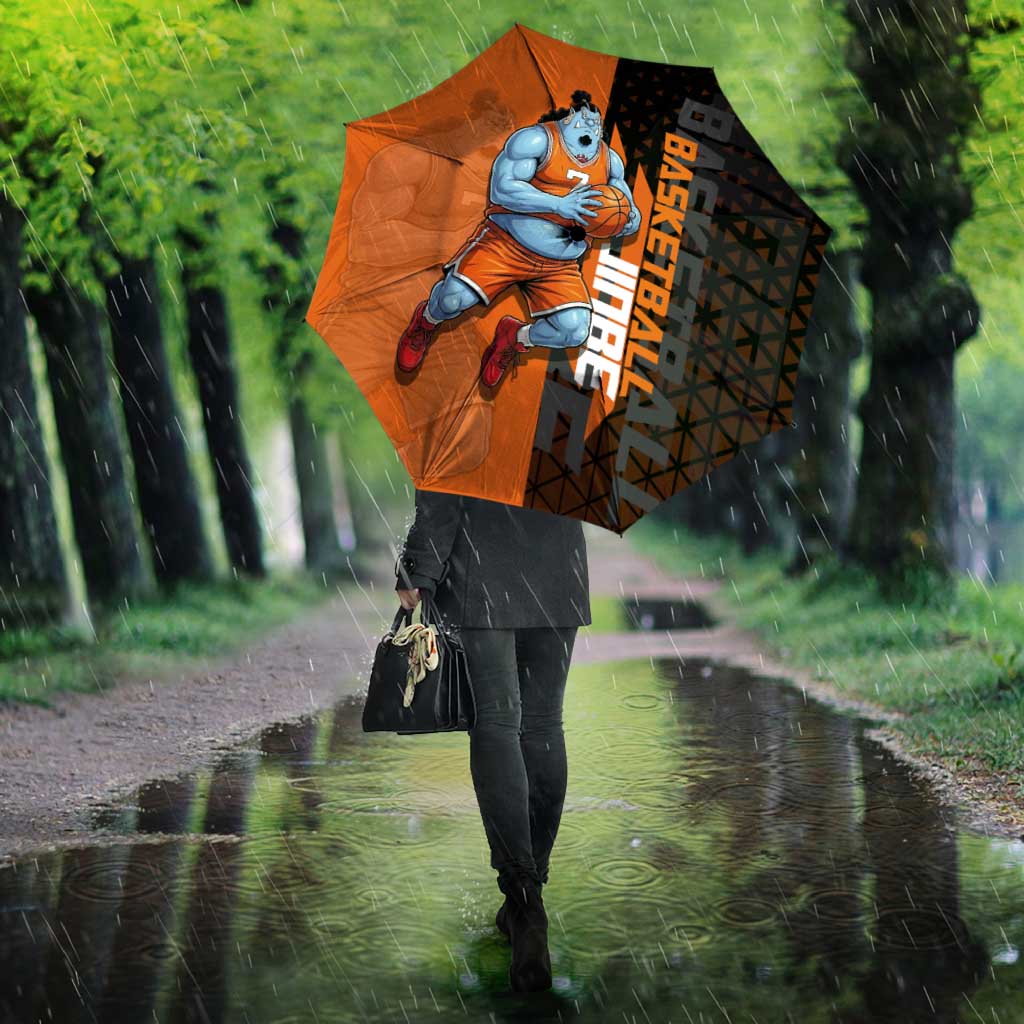 Jinbe One Piece Basketball Theme Orange and Black Design Umbrella with Powerful Pose and Sun Pirates Emblem - The Mazicc