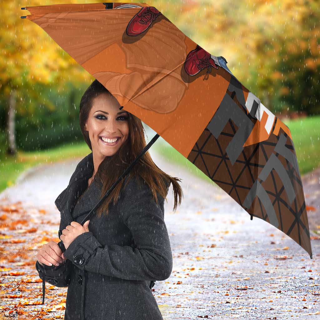 Jinbe One Piece Basketball Theme Orange and Black Design Umbrella with Powerful Pose and Sun Pirates Emblem - The Mazicc