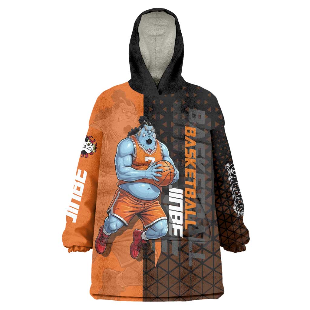 Jinbe One Piece Basketball Theme Orange and Black Design Wearable Blanket Hoodie with Powerful Pose and Sun Pirates Emblem - The Mazicc