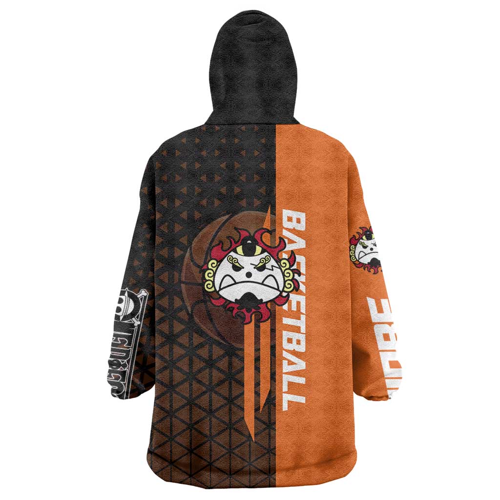 Jinbe One Piece Basketball Theme Orange and Black Design Wearable Blanket Hoodie with Powerful Pose and Sun Pirates Emblem - The Mazicc