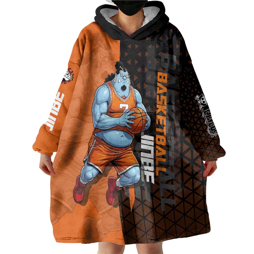 Jinbe One Piece Basketball Theme Orange and Black Design Wearable Blanket Hoodie with Powerful Pose and Sun Pirates Emblem - The Mazicc
