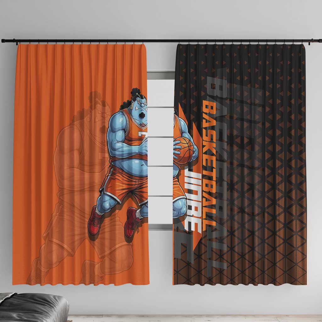 Jinbe One Piece Basketball Theme Orange and Black Design Window Curtain with Powerful Pose and Sun Pirates Emblem - The Mazicc