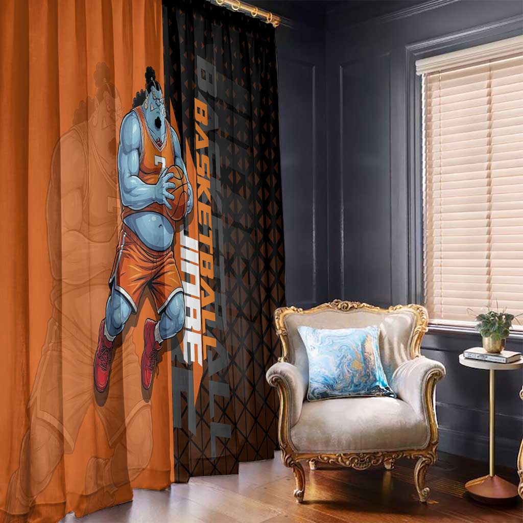 Jinbe One Piece Basketball Theme Orange and Black Design Window Curtain with Powerful Pose and Sun Pirates Emblem - The Mazicc