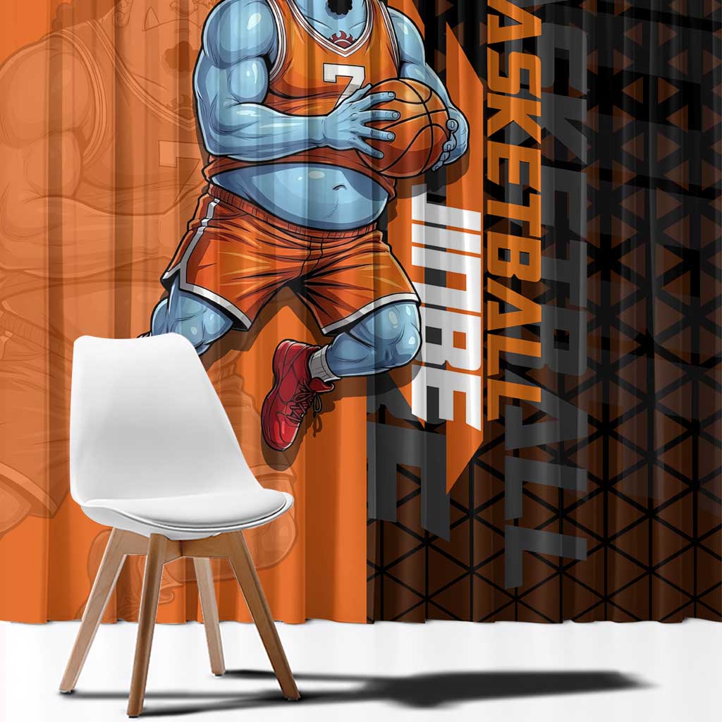 Jinbe One Piece Basketball Theme Orange and Black Design Window Curtain with Powerful Pose and Sun Pirates Emblem - The Mazicc