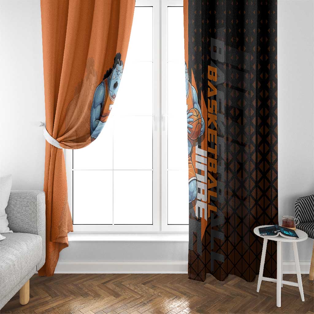Jinbe One Piece Basketball Theme Orange and Black Design Window Curtain with Powerful Pose and Sun Pirates Emblem - The Mazicc