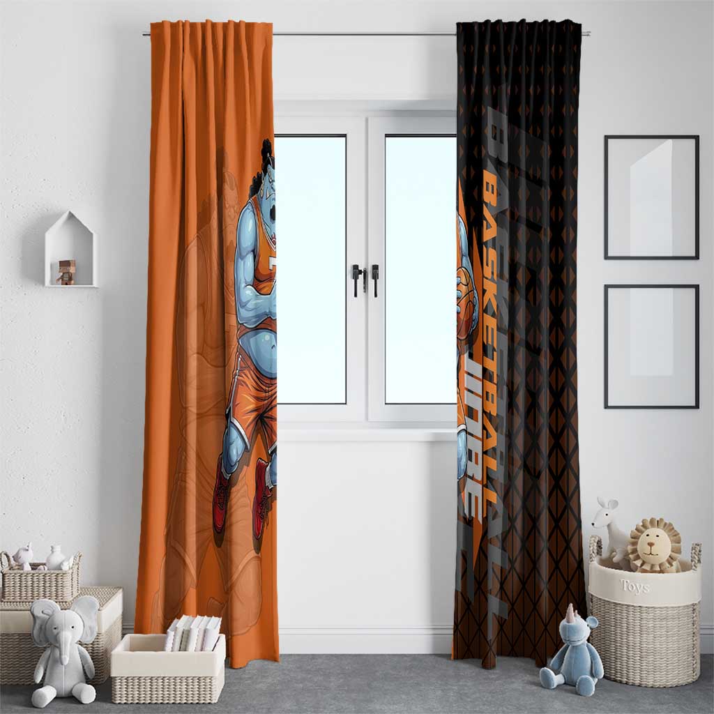 Jinbe One Piece Basketball Theme Orange and Black Design Window Curtain with Powerful Pose and Sun Pirates Emblem - The Mazicc