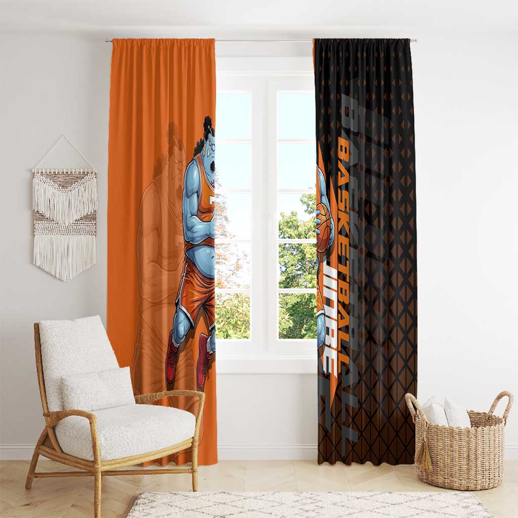 Jinbe One Piece Basketball Theme Orange and Black Design Window Curtain with Powerful Pose and Sun Pirates Emblem - The Mazicc