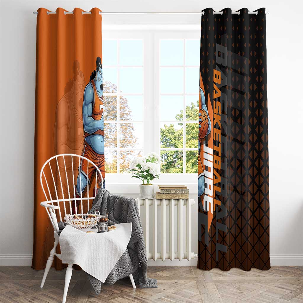 Jinbe One Piece Basketball Theme Orange and Black Design Window Curtain with Powerful Pose and Sun Pirates Emblem - The Mazicc