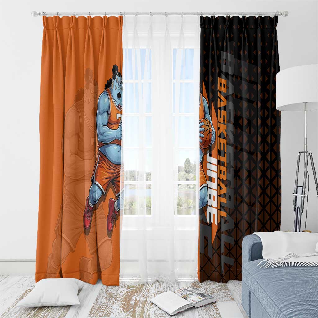 Jinbe One Piece Basketball Theme Orange and Black Design Window Curtain with Powerful Pose and Sun Pirates Emblem - The Mazicc