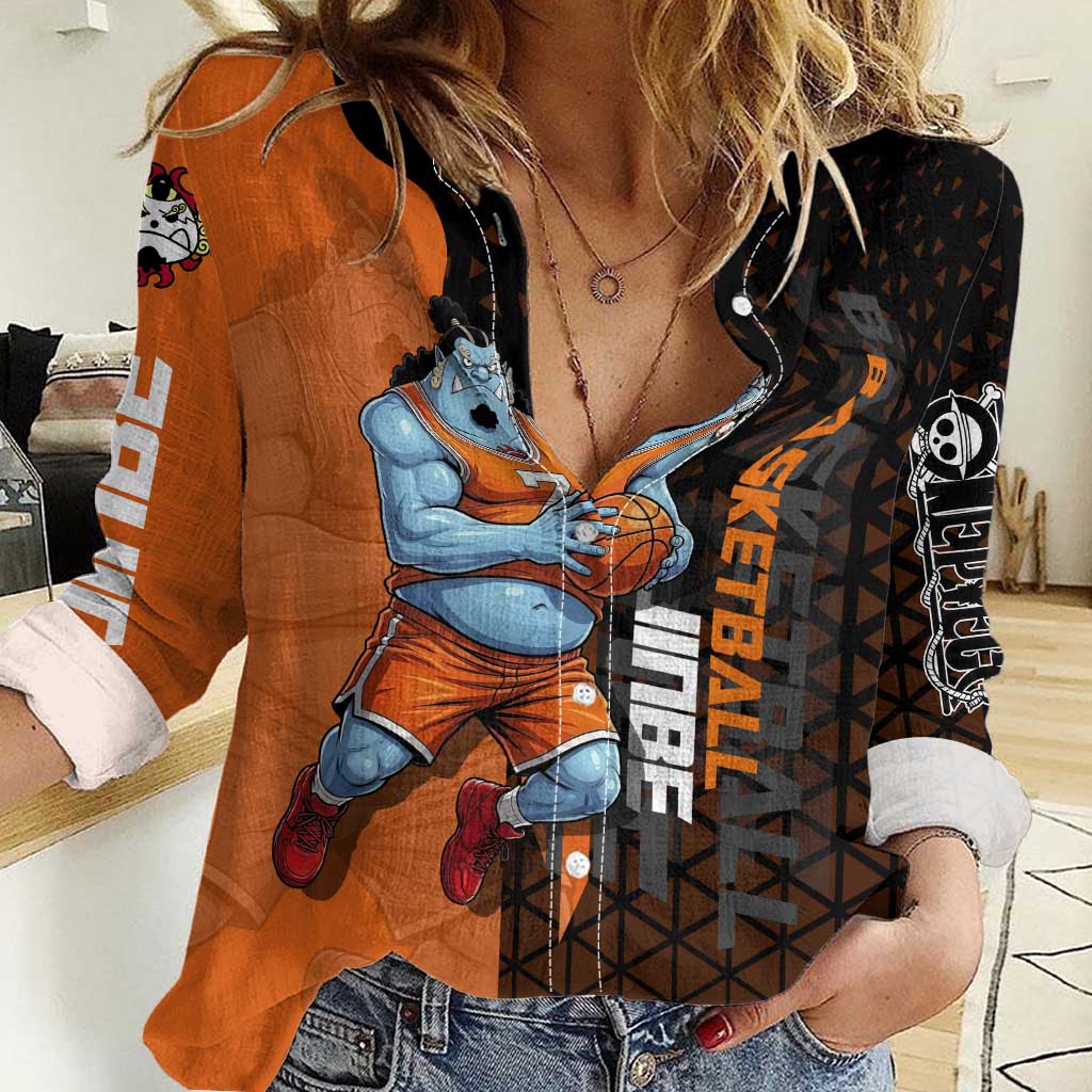 Jinbe One Piece Basketball Theme Orange and Black Design Women Casual Shirt with Powerful Pose and Sun Pirates Emblem - The Mazicc