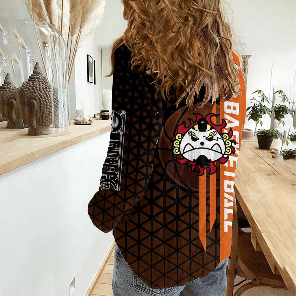 Jinbe One Piece Basketball Theme Orange and Black Design Women Casual Shirt with Powerful Pose and Sun Pirates Emblem - The Mazicc