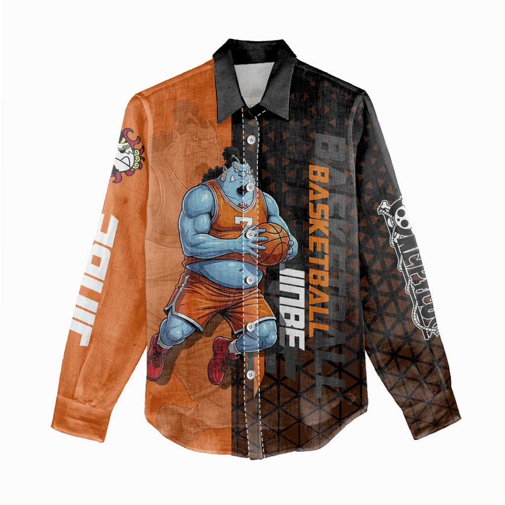 Jinbe One Piece Basketball Theme Orange and Black Design Women Casual Shirt with Powerful Pose and Sun Pirates Emblem - The Mazicc