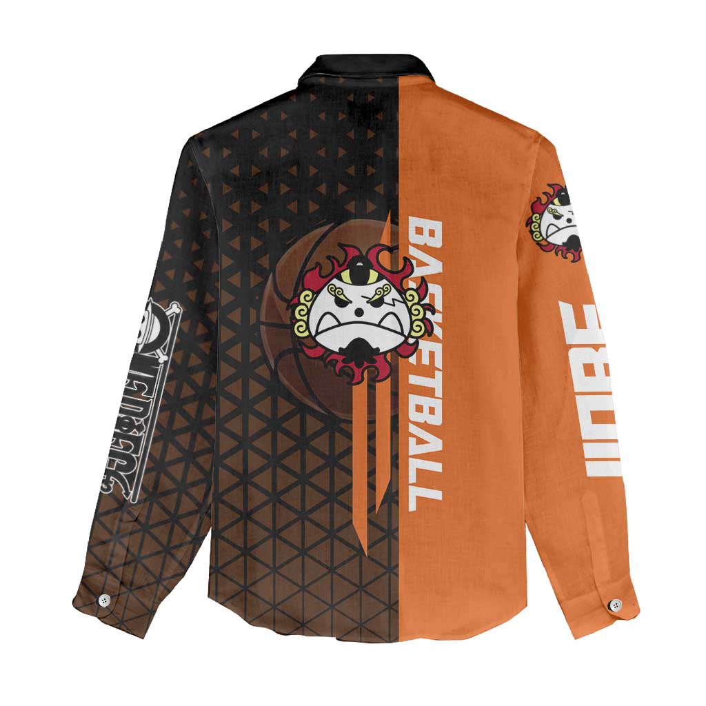 Jinbe One Piece Basketball Theme Orange and Black Design Women Casual Shirt with Powerful Pose and Sun Pirates Emblem - The Mazicc