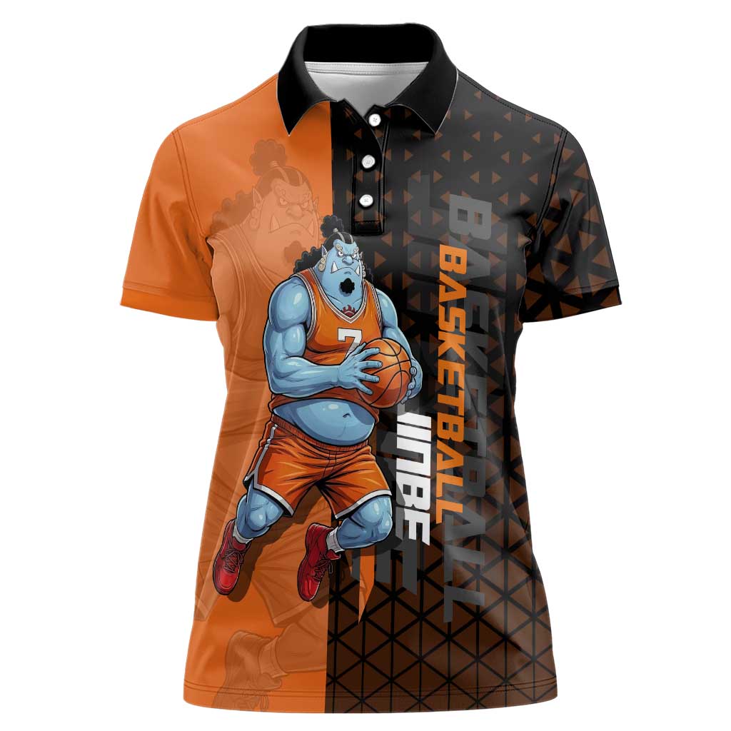 Jinbe One Piece Basketball Theme Orange and Black Design Women Polo Shirt with Powerful Pose and Sun Pirates Emblem - The Mazicc