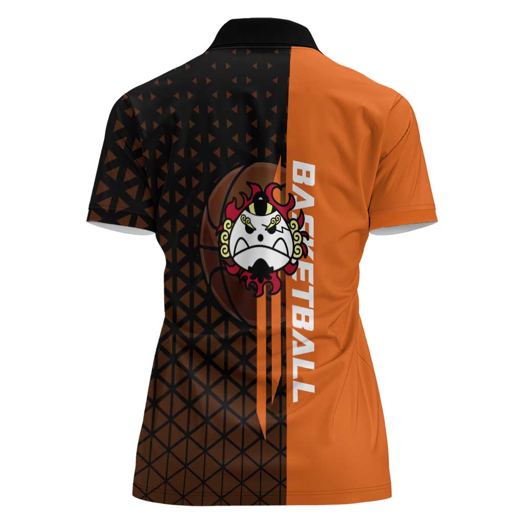 Jinbe One Piece Basketball Theme Orange and Black Design Women Polo Shirt with Powerful Pose and Sun Pirates Emblem - The Mazicc