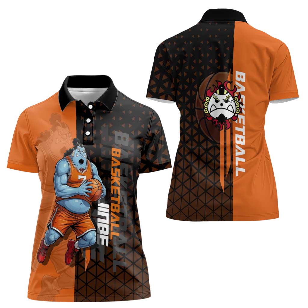 Jinbe One Piece Basketball Theme Orange and Black Design Women Polo Shirt with Powerful Pose and Sun Pirates Emblem - The Mazicc