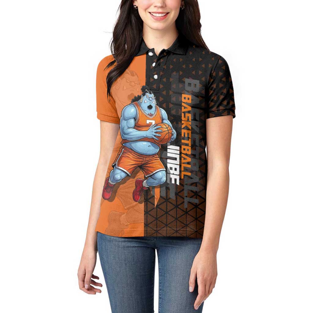 Jinbe One Piece Basketball Theme Orange and Black Design Women Polo Shirt with Powerful Pose and Sun Pirates Emblem - The Mazicc