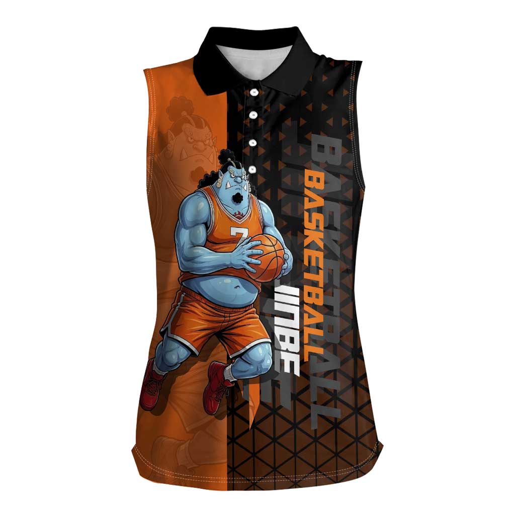 Jinbe One Piece Basketball Theme Orange and Black Design Women Sleeveless Polo Shirt with Powerful Pose and Sun Pirates Emblem - The Mazicc