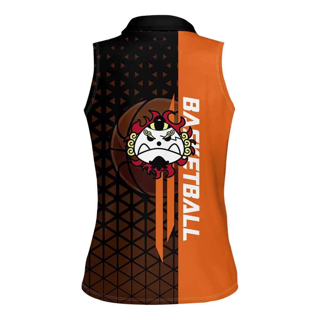 Jinbe One Piece Basketball Theme Orange and Black Design Women Sleeveless Polo Shirt with Powerful Pose and Sun Pirates Emblem - The Mazicc