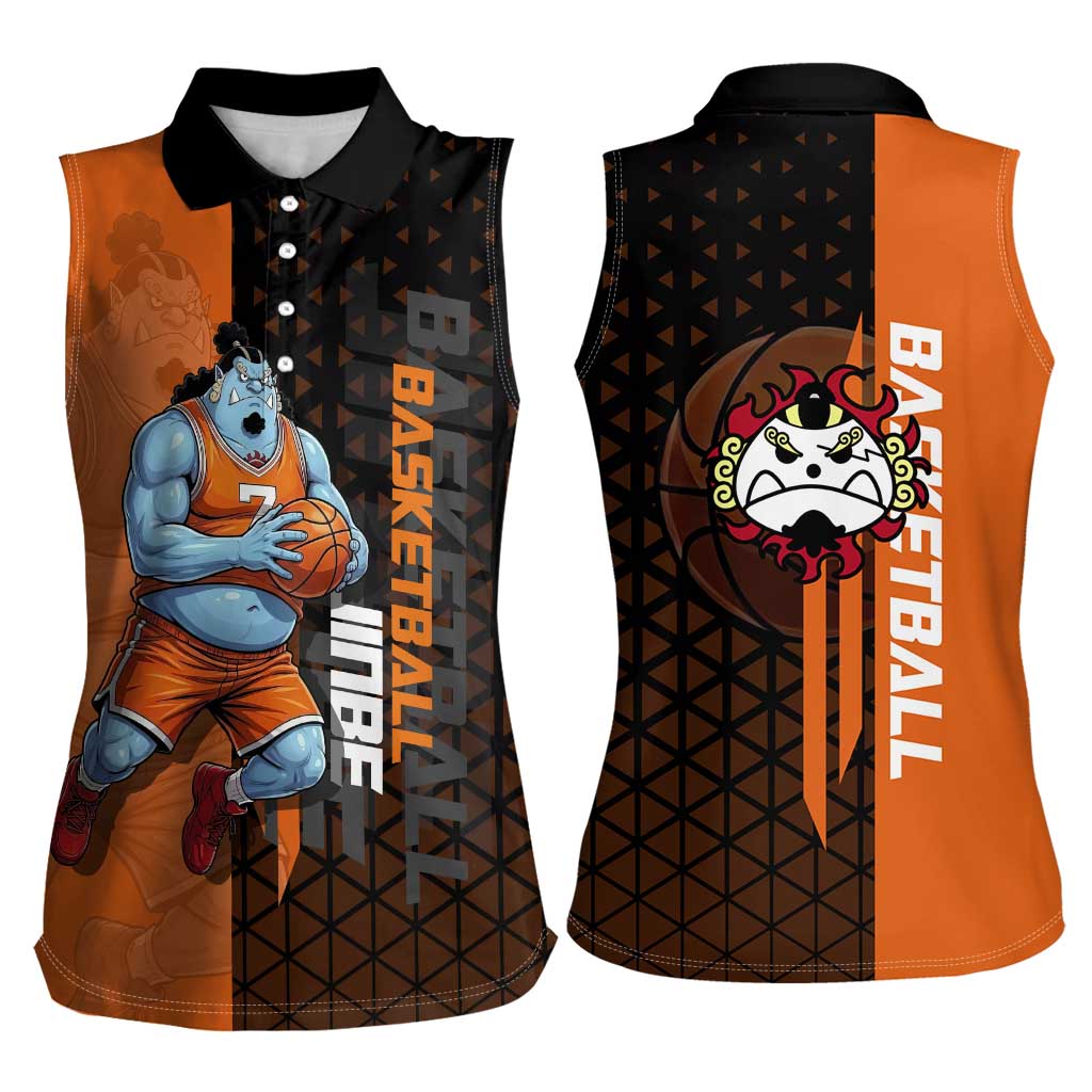 Jinbe One Piece Basketball Theme Orange and Black Design Women Sleeveless Polo Shirt with Powerful Pose and Sun Pirates Emblem - The Mazicc