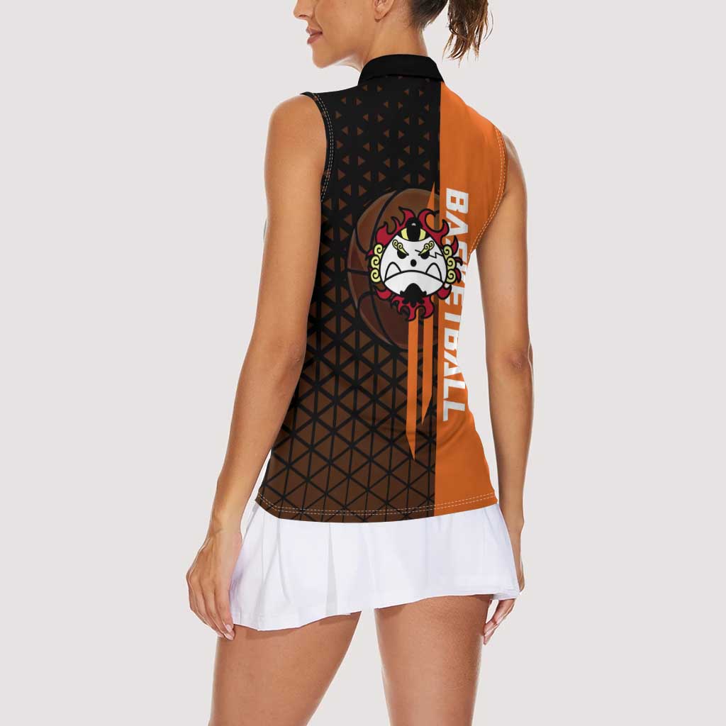 Jinbe One Piece Basketball Theme Orange and Black Design Women Sleeveless Polo Shirt with Powerful Pose and Sun Pirates Emblem - The Mazicc