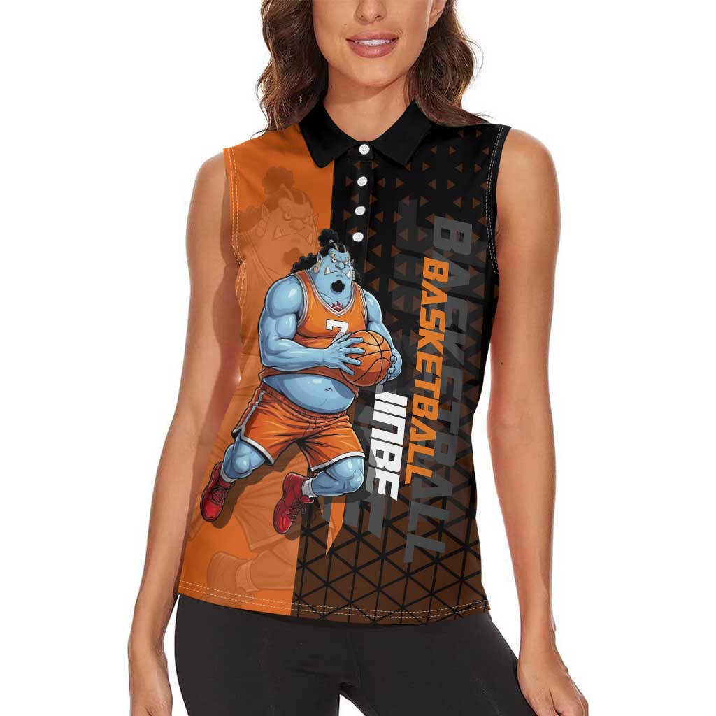 Jinbe One Piece Basketball Theme Orange and Black Design Women Sleeveless Polo Shirt with Powerful Pose and Sun Pirates Emblem - The Mazicc
